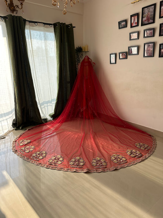 Ruhani : A Sabyasachi-Inspired Red Bridal Veil with custom border & Handcrafted Motifs