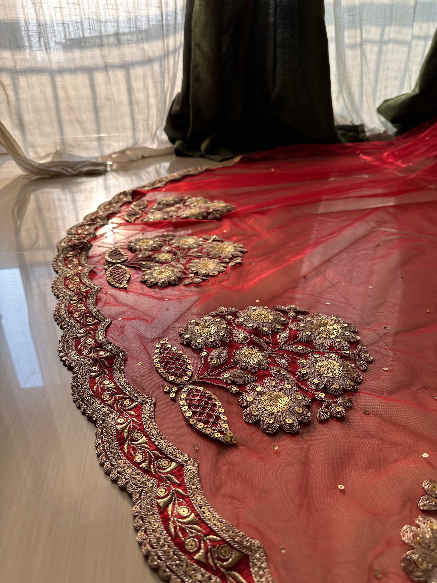 Ruhani : A Sabyasachi-Inspired Red Bridal Veil with custom border & Handcrafted Motifs