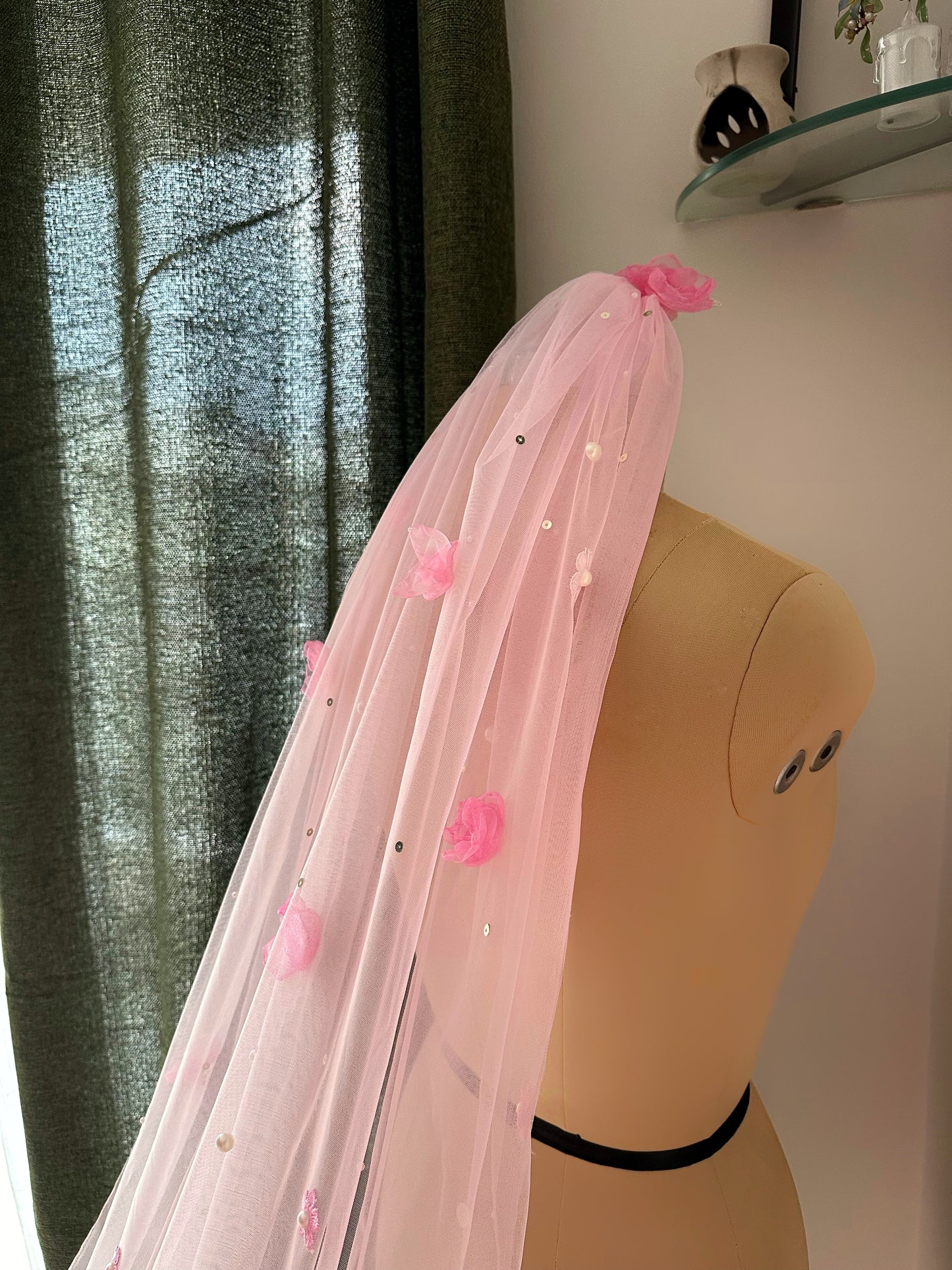 Garden of Dreams – Handcrafted 3D Floral Veil in Blush pink with Pearl Embellishments