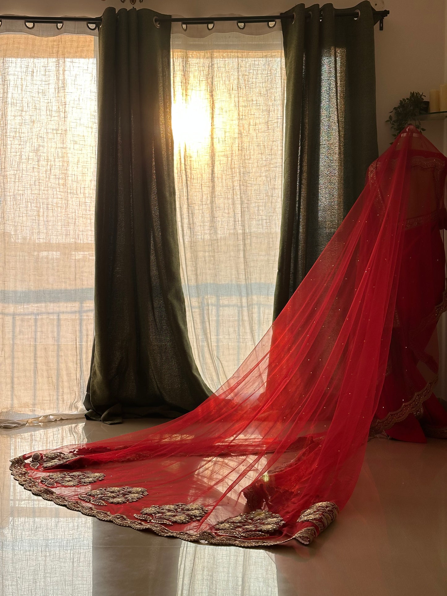 Ruhani : A Sabyasachi-Inspired Red Bridal Veil with custom border & Handcrafted Motifs