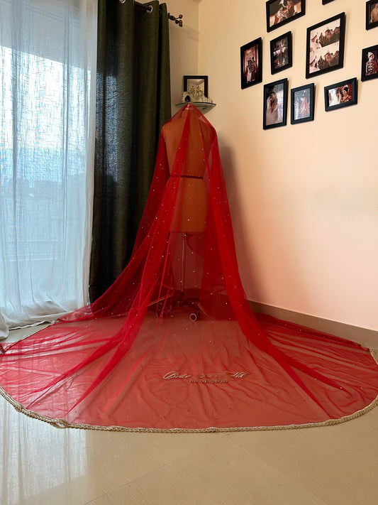Elara : Minimal border red veil with names of bride and groom personalised