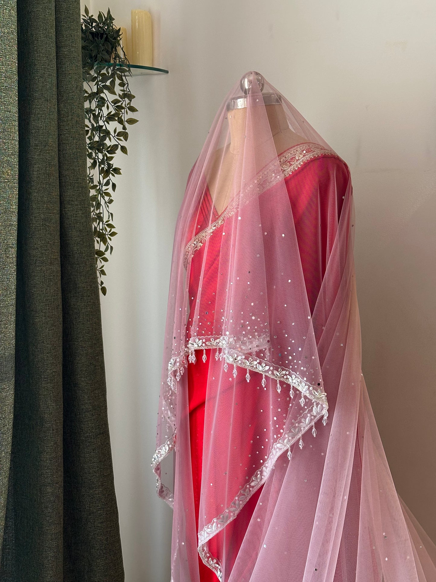 Stardust — A Dusky Pink Hand-Studded Mirrored Bridal Veil with Ombre Stone Embellishments