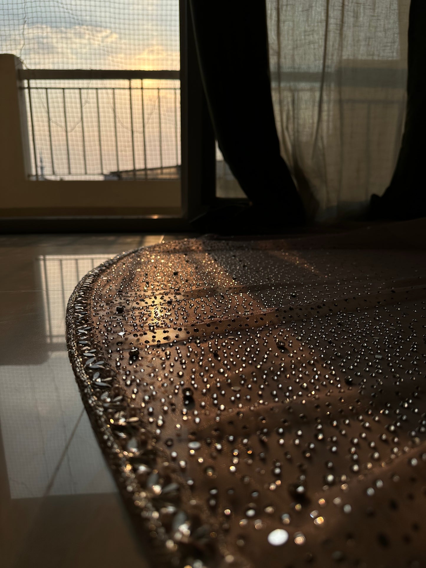Stardust — A Dusky Pink Hand-Studded Mirrored Bridal Veil with Ombre Stone Embellishments