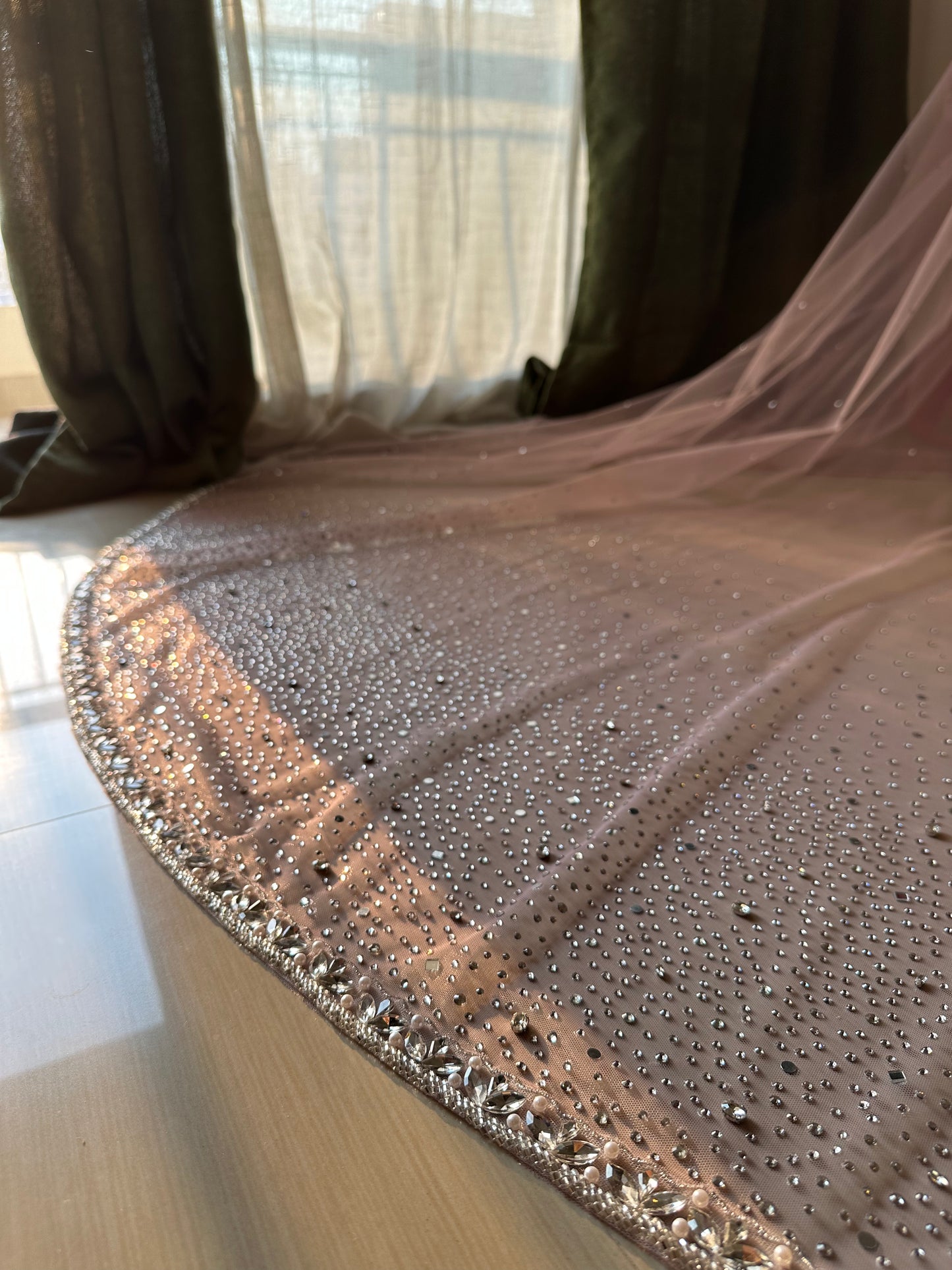 Stardust — A Dusky Pink Hand-Studded Mirrored Bridal Veil with Ombre Stone Embellishments