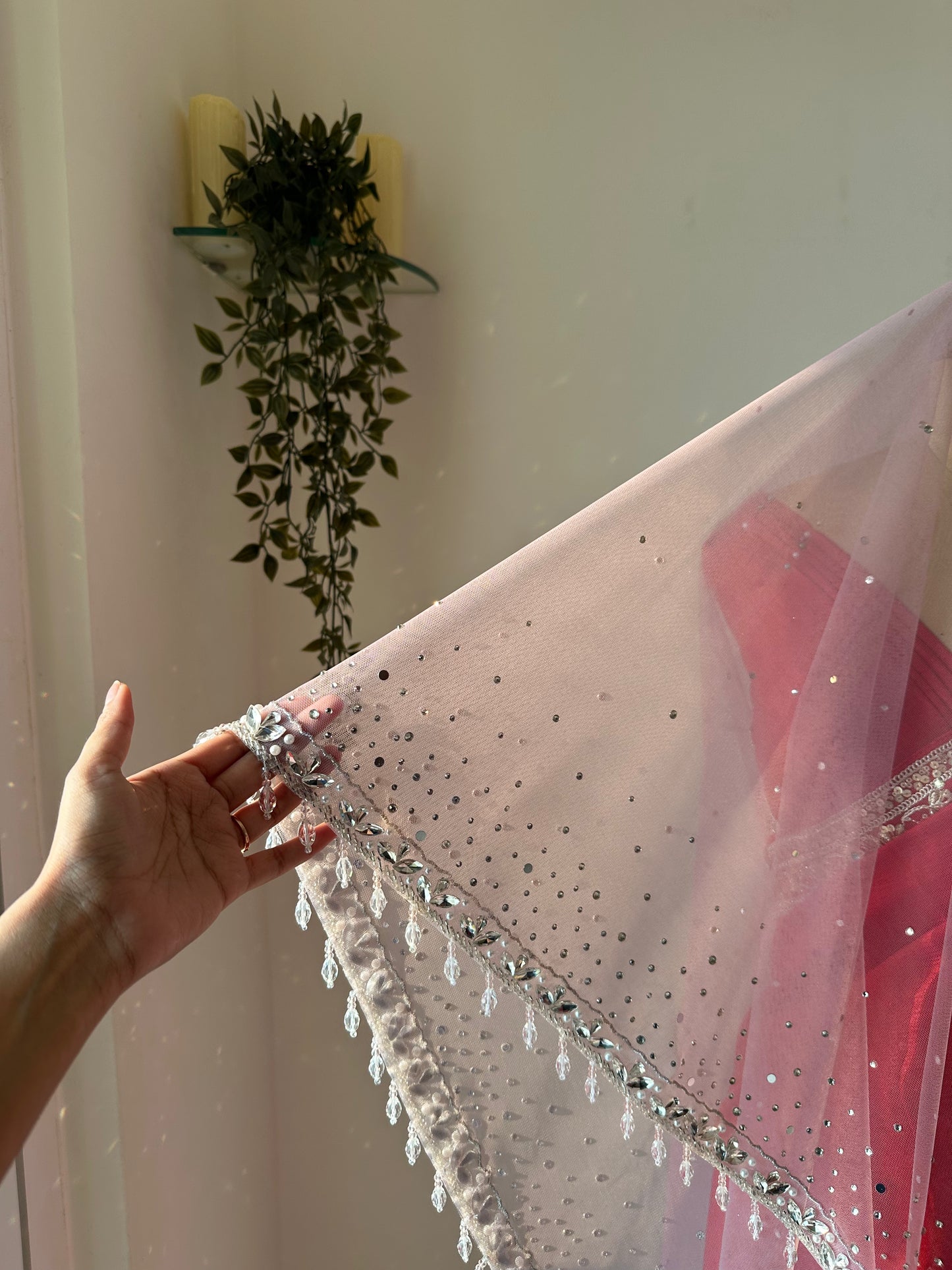 Stardust — A Dusky Pink Hand-Studded Mirrored Bridal Veil with Ombre Stone Embellishments