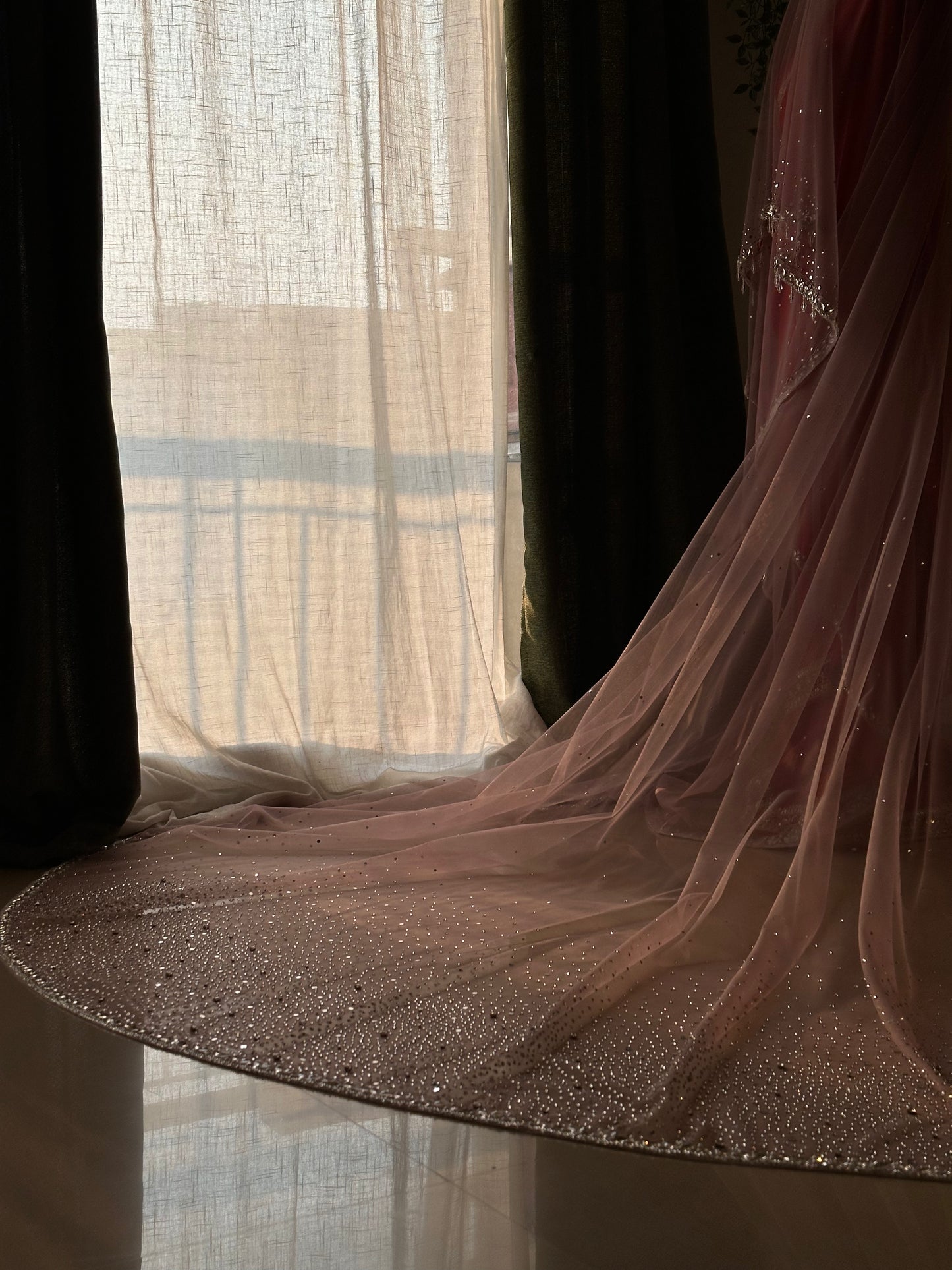Stardust — A Dusky Pink Hand-Studded Mirrored Bridal Veil with Ombre Stone Embellishments