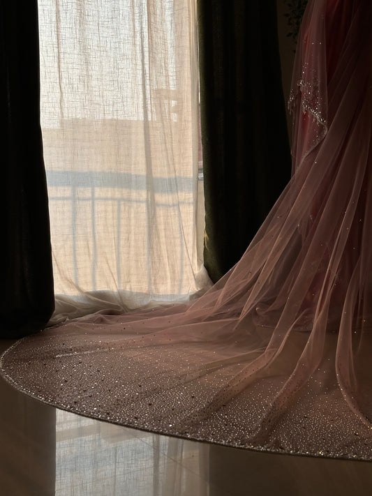 Stardust — A Dusky Pink Hand-Studded Mirrored Bridal Veil with Ombre Stone Embellishments