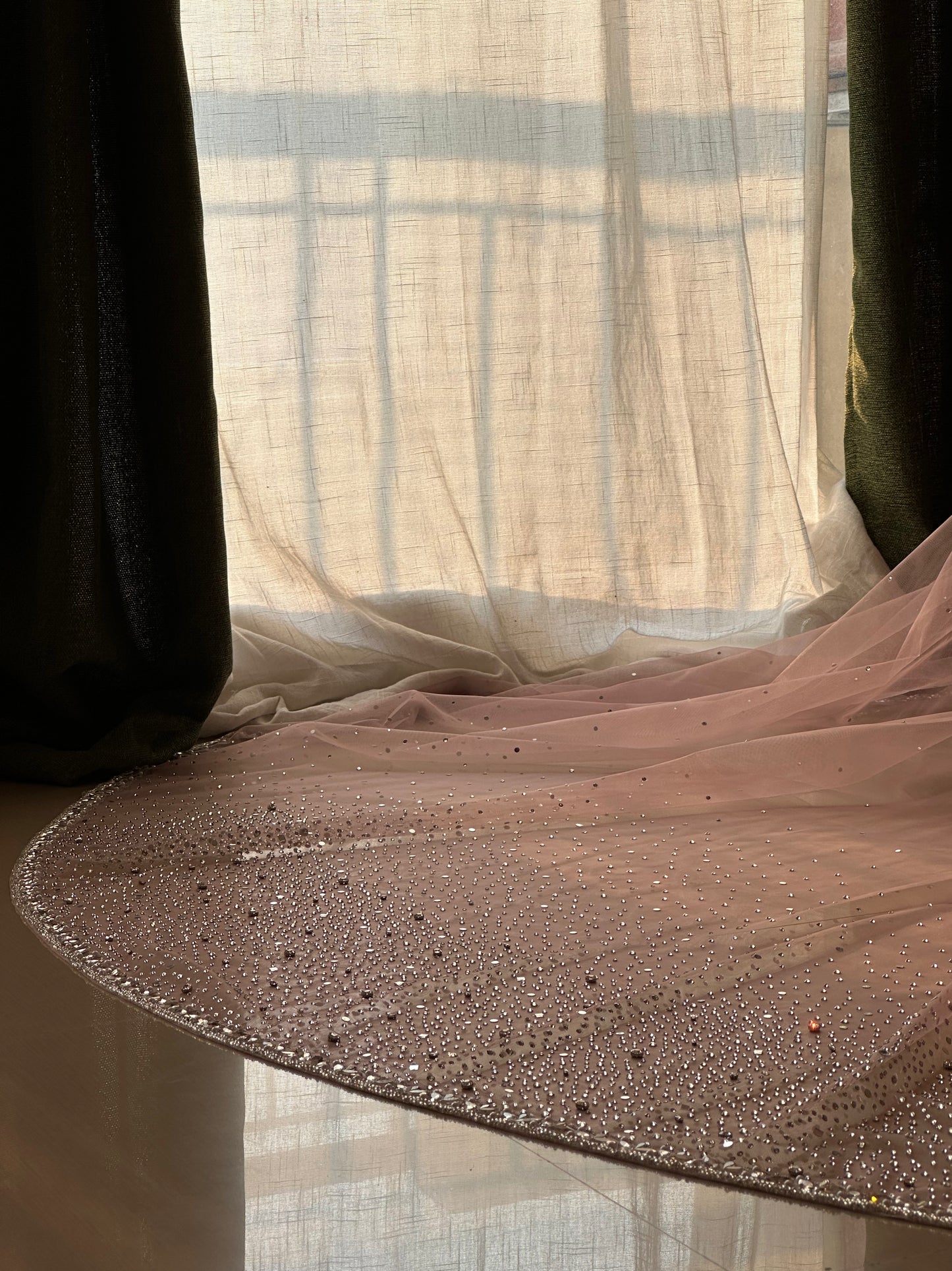 Stardust — A Dusky Pink Hand-Studded Mirrored Bridal Veil with Ombre Stone Embellishments