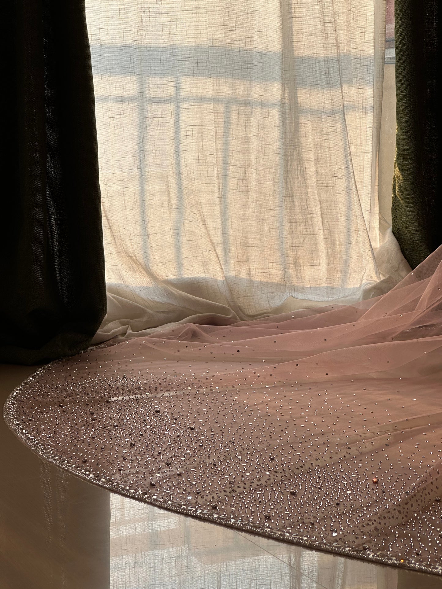Stardust — A Dusky Pink Hand-Studded Mirrored Bridal Veil with Ombre Stone Embellishments