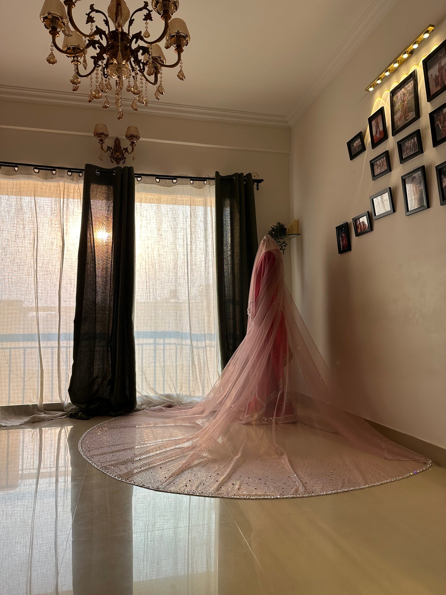 Stardust — A Dusky Pink Hand-Studded Mirrored Bridal Veil with Ombre Stone Embellishments