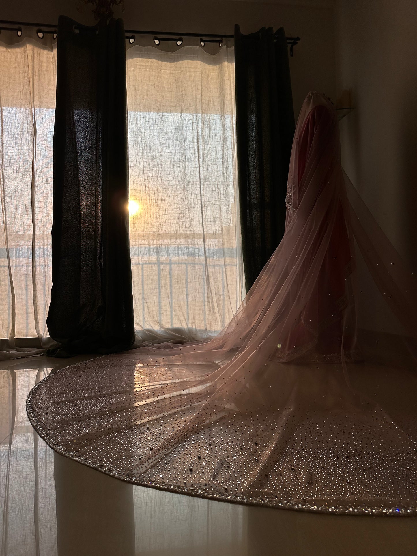 Stardust — A Dusky Pink Hand-Studded Mirrored Bridal Veil with Ombre Stone Embellishments