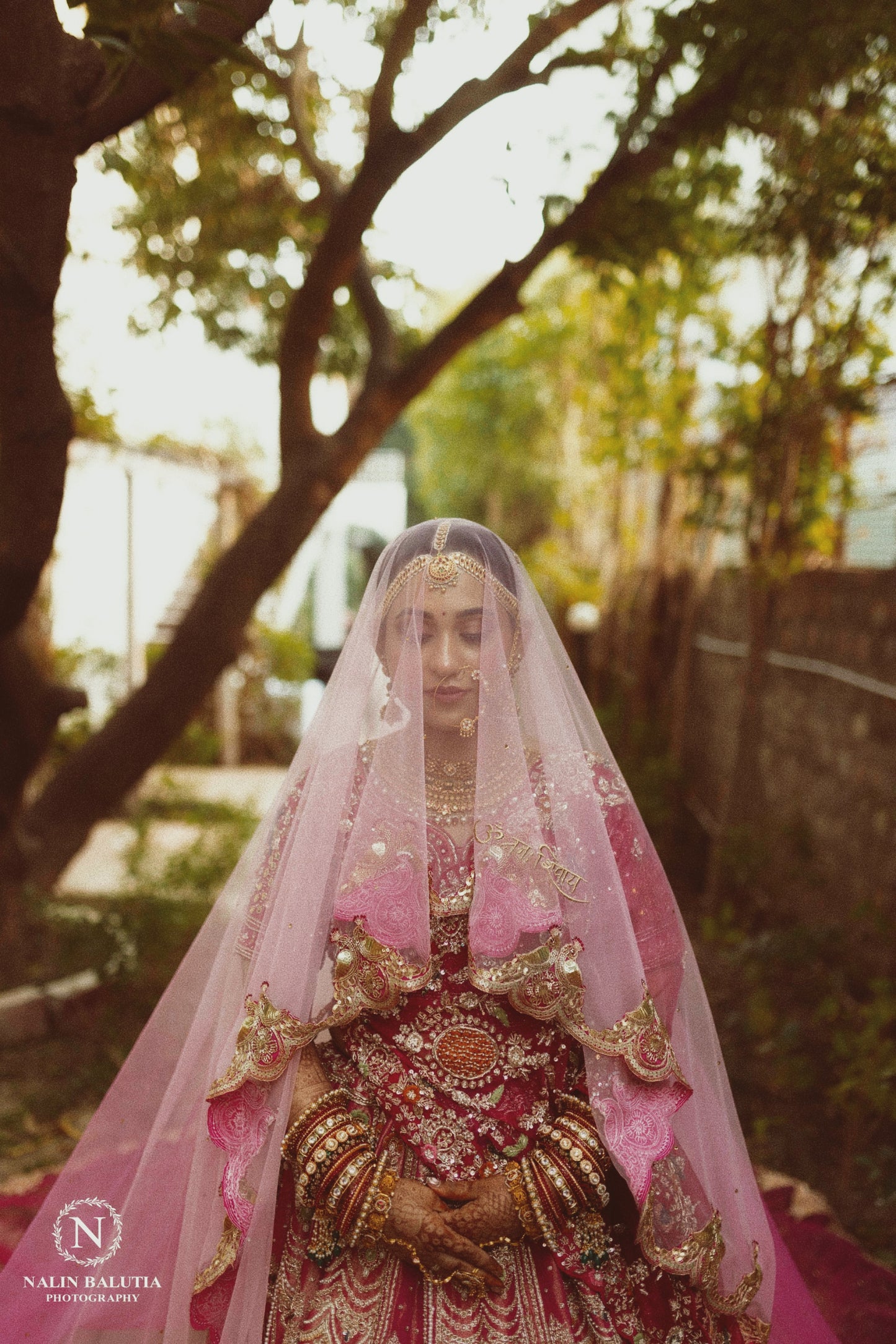 Peonique : A cathedral-length veil in a soft ombré pink, beaded peacock-inspired border