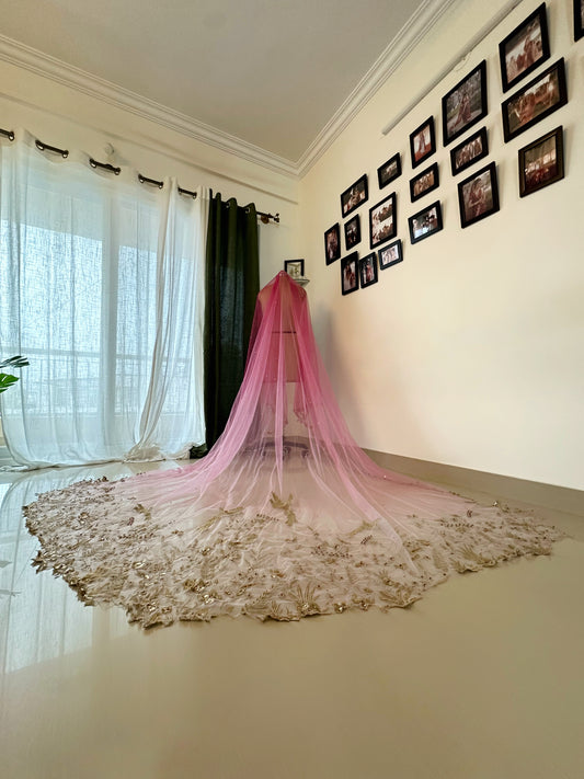 Trail of Wings - Ombre Pink Bridal Veil with Gold Embroidery & Custom Mantra Quote