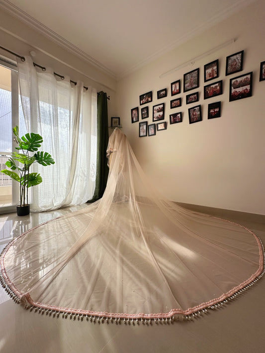 Peach Ombre Pearl-Stone Bridal Veil | Cathedral Length with Pearl Drops