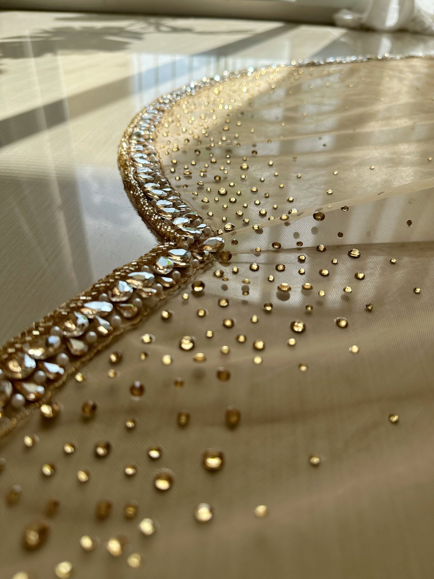 Sun-Kissed Petals – Luxury Champagne Bridal Veil with Ombre Stones, Petal-Cut Trail & Personalized Initials | Cathedral Length Veil