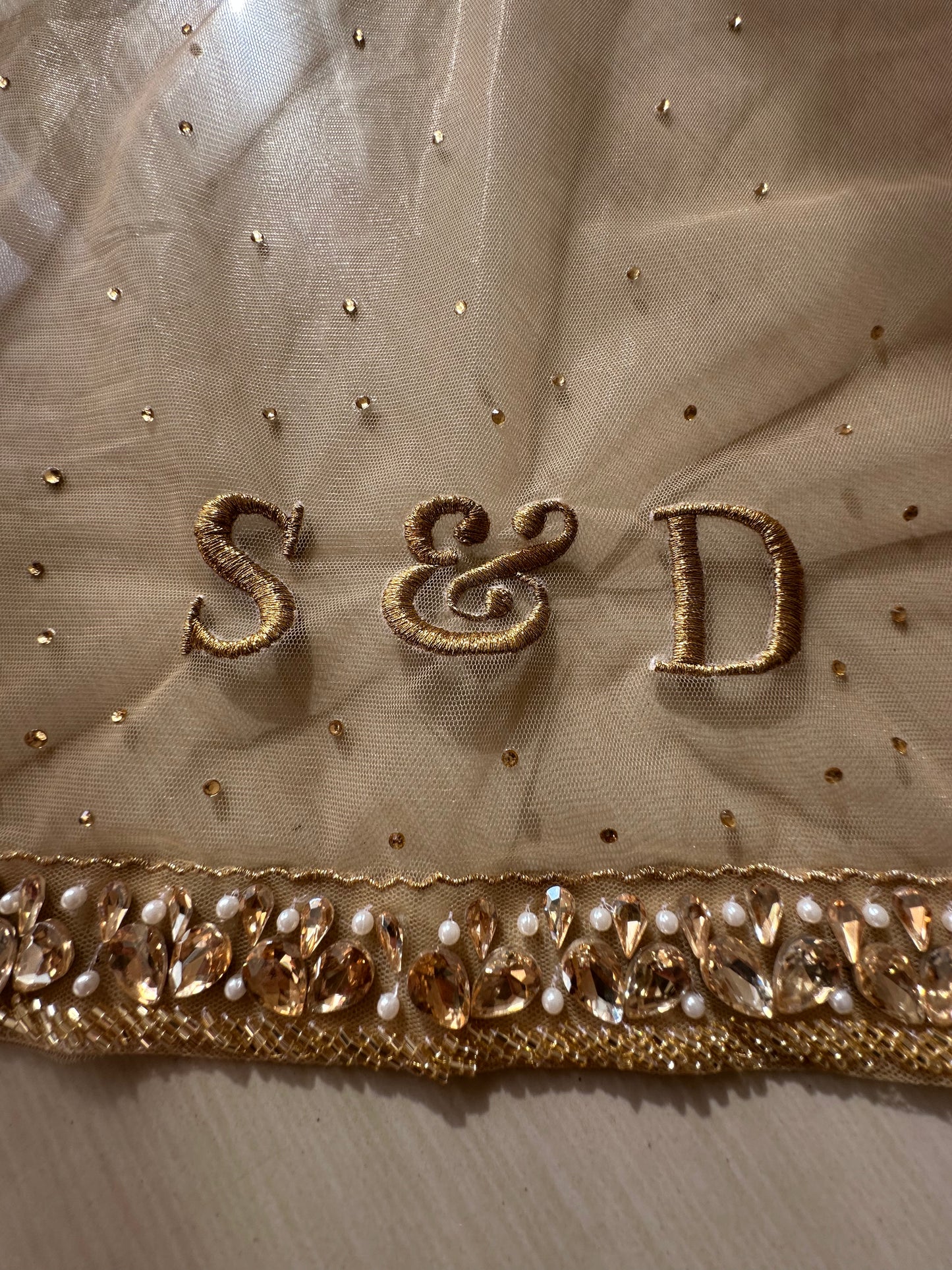 Sun-Kissed Petals – Luxury Champagne Bridal Veil with Ombre Stones, Petal-Cut Trail & Personalized Initials | Cathedral Length Veil