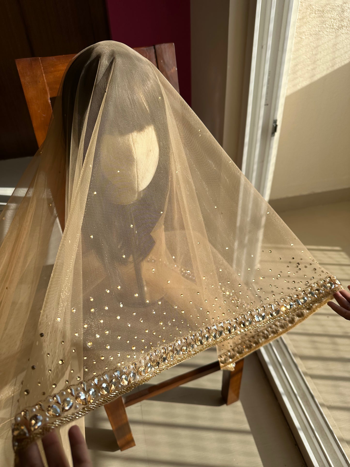 Sun-Kissed Petals – Luxury Champagne Bridal Veil with Ombre Stones, Petal-Cut Trail & Personalized Initials | Cathedral Length Veil