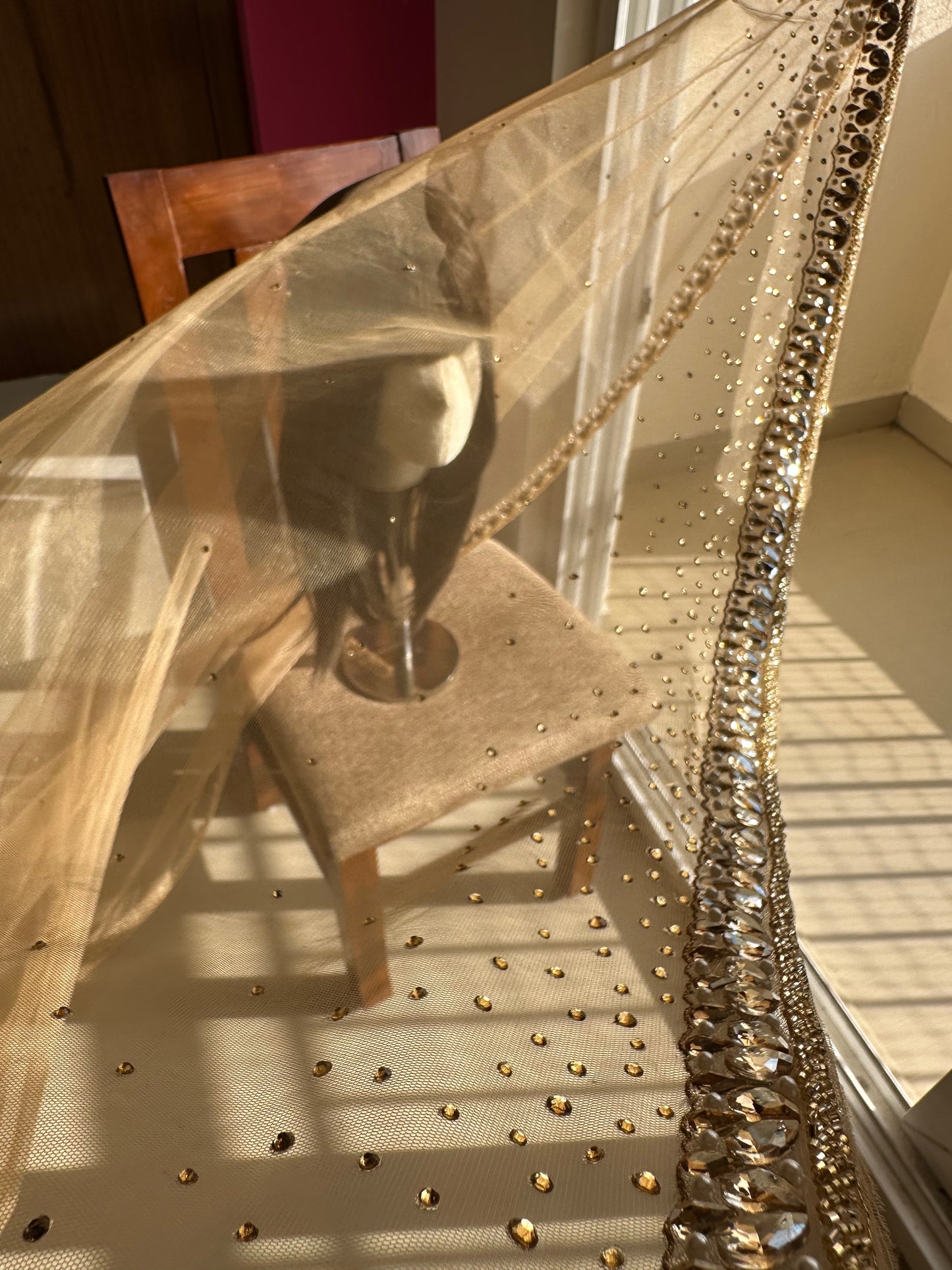 Sun-Kissed Petals – Luxury Champagne Bridal Veil with Ombre Stones, Petal-Cut Trail & Personalized Initials | Cathedral Length Veil