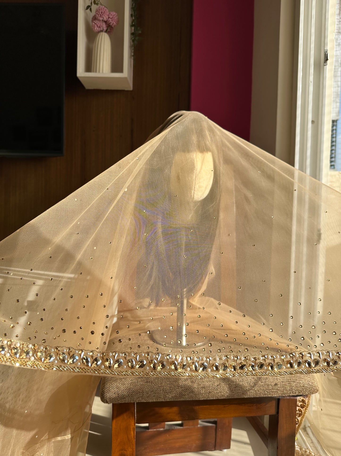 Sun-Kissed Petals – Luxury Champagne Bridal Veil with Ombre Stones, Petal-Cut Trail & Personalized Initials | Cathedral Length Veil