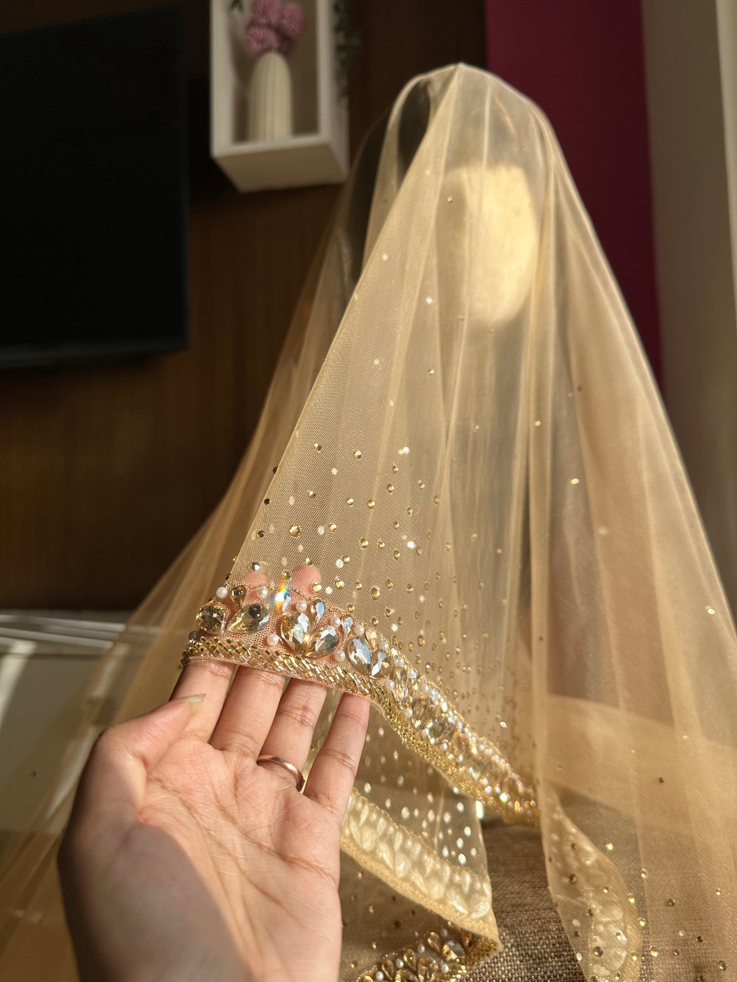 Sun-Kissed Petals – Luxury Champagne Bridal Veil with Ombre Stones, Petal-Cut Trail & Personalized Initials | Cathedral Length Veil