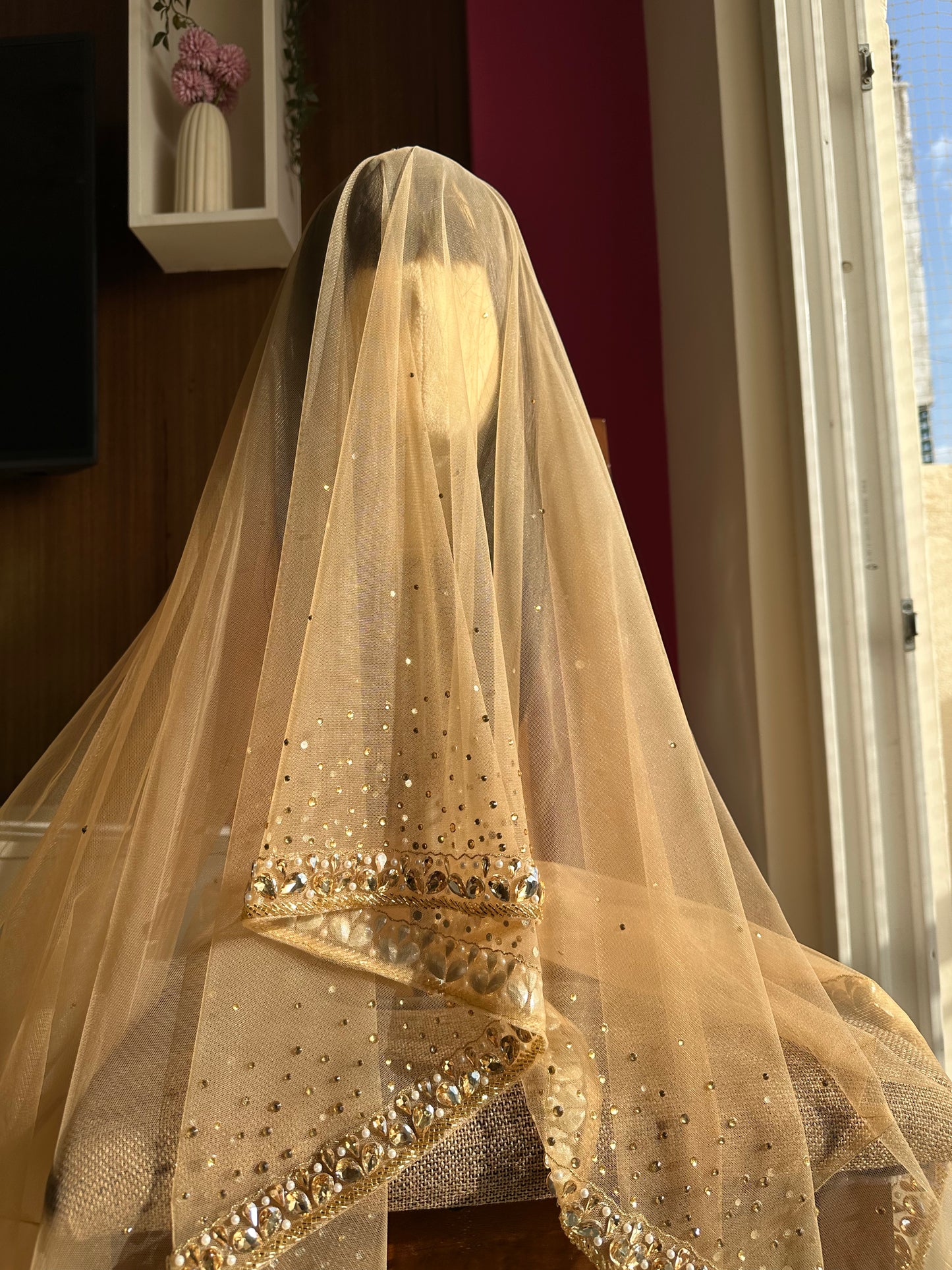 Sun-Kissed Petals – Luxury Champagne Bridal Veil with Ombre Stones, Petal-Cut Trail & Personalized Initials | Cathedral Length Veil