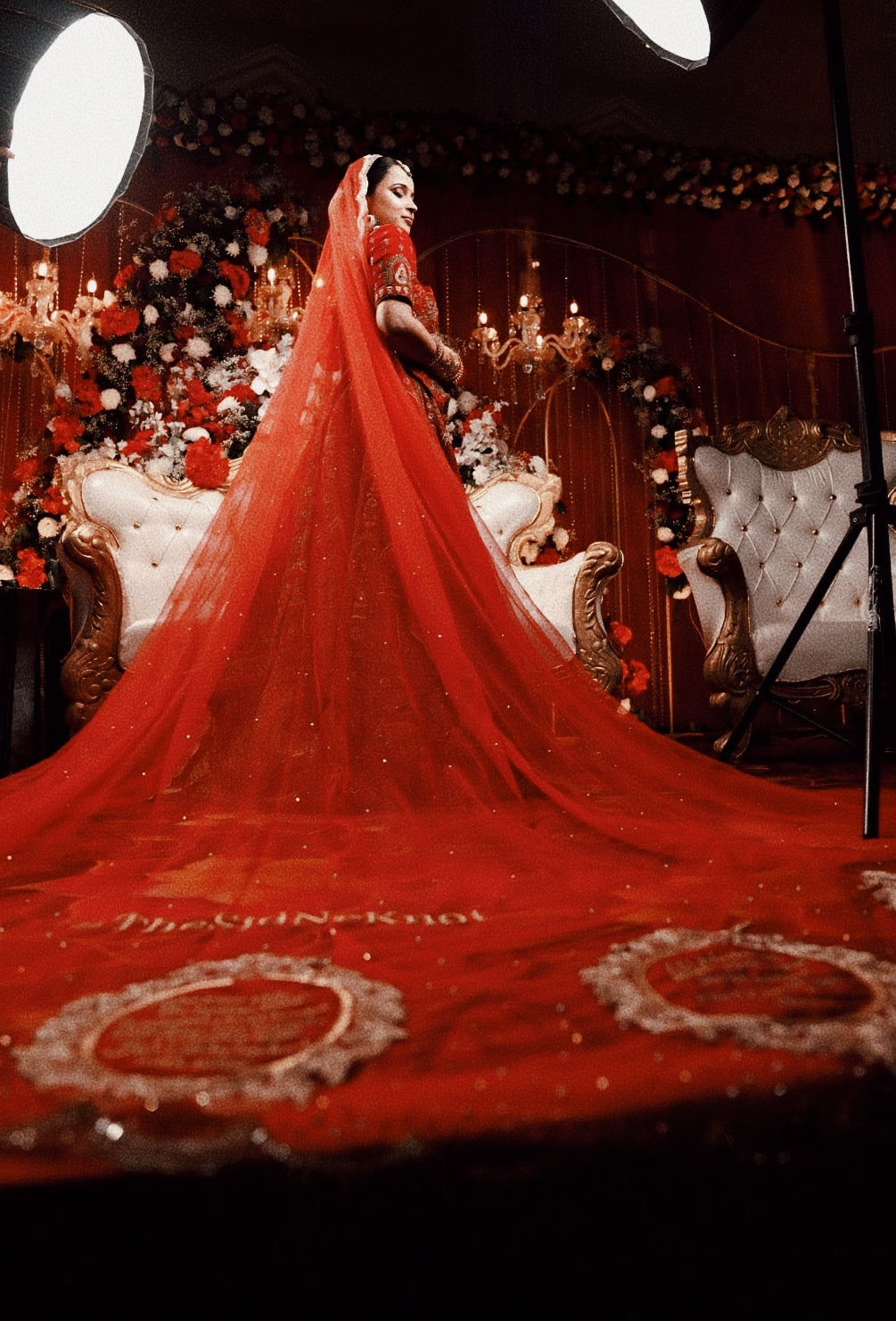Saat Vachan – Custom Red Cathedral Veil with Couple's hashtag Embroidery