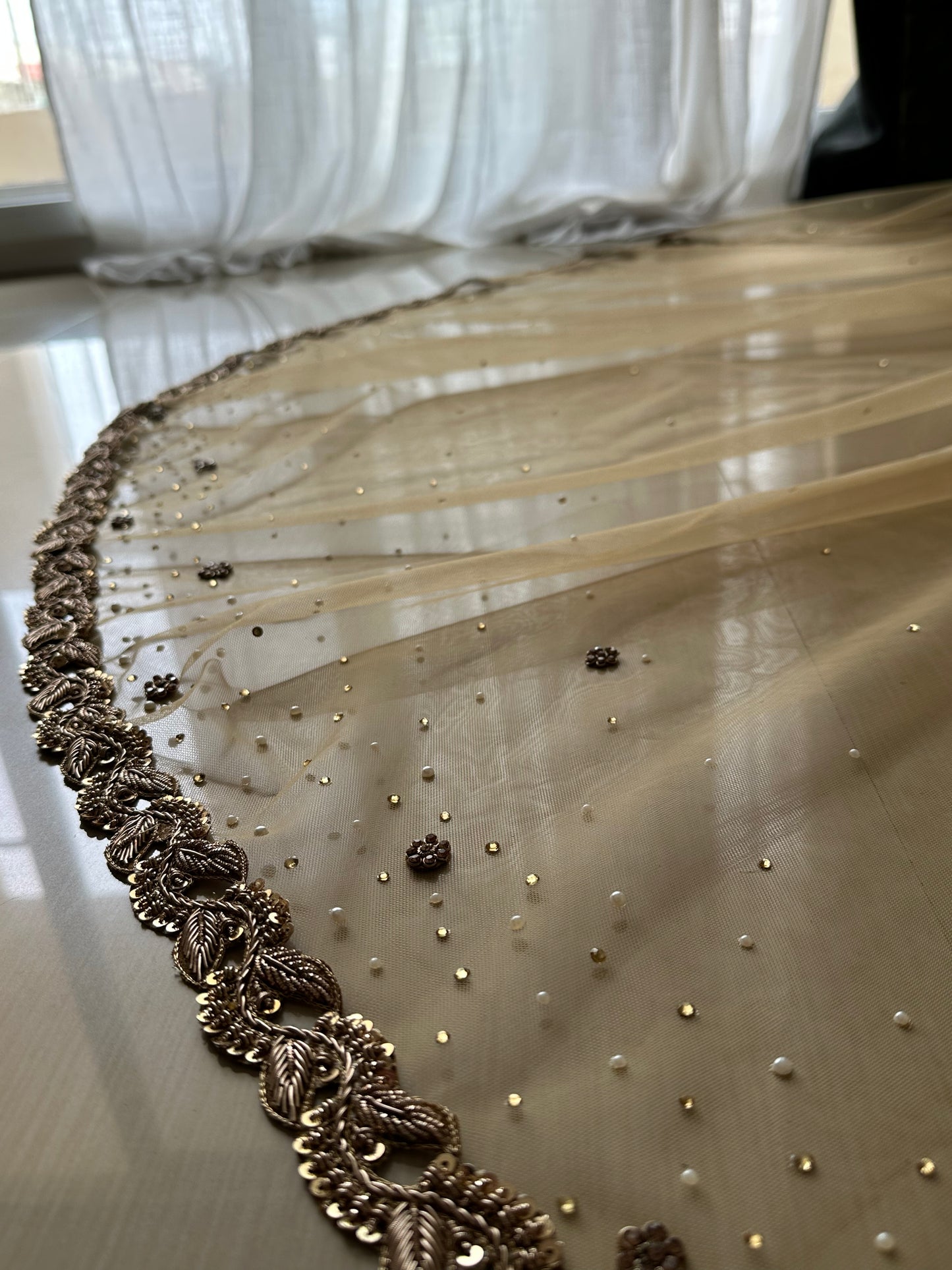 Celestial Noor: Gold Tulle Zardozi Pearl Veil