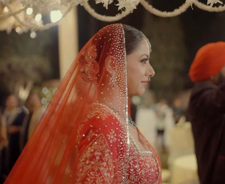 Stardust — A Red Hand-Studded Mirrored Bridal Veil with Ombre Embellishments