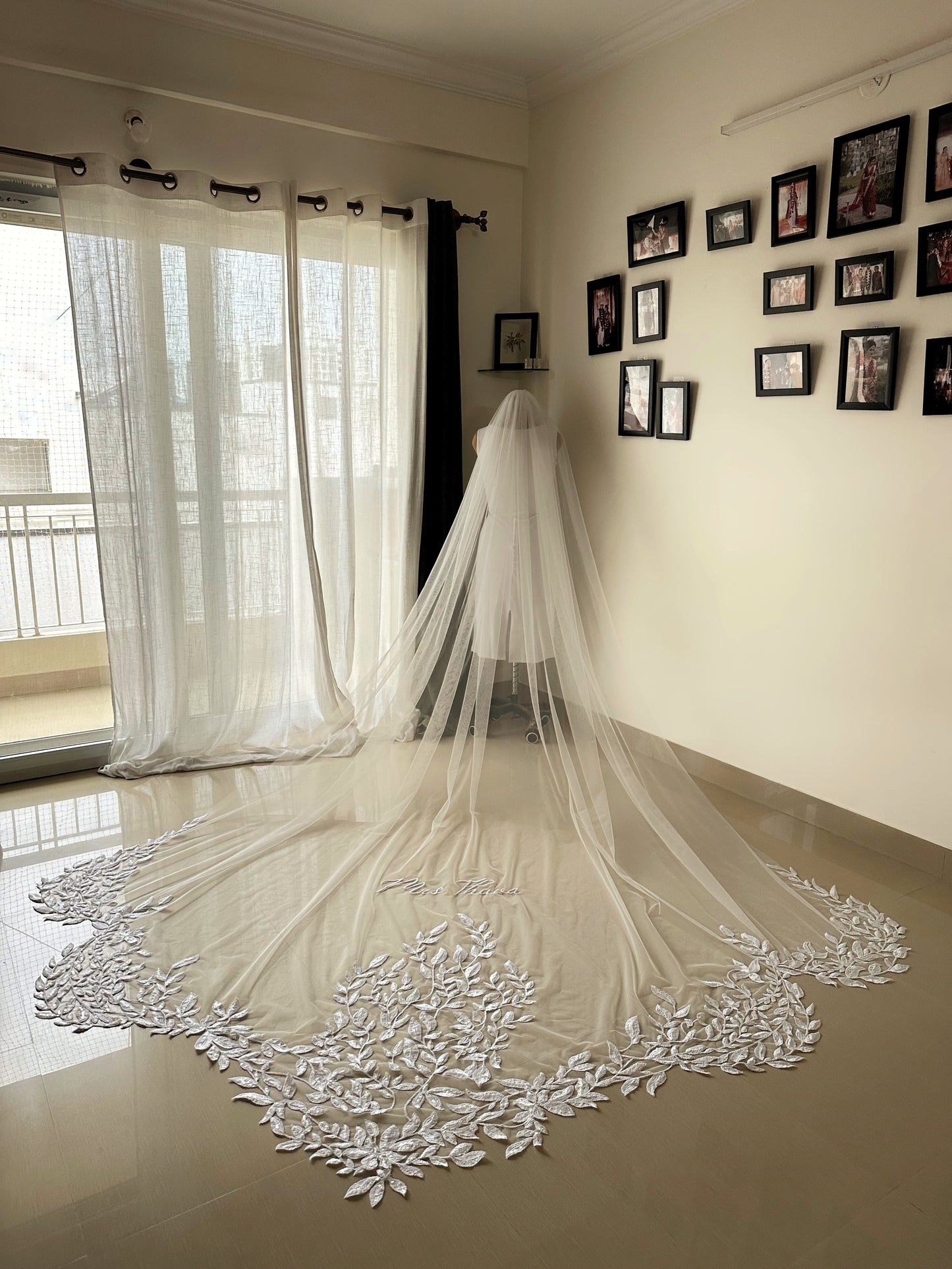A Leafy Affair : Hand-Embroidered White Cathedral Veil with Signature Name Detail