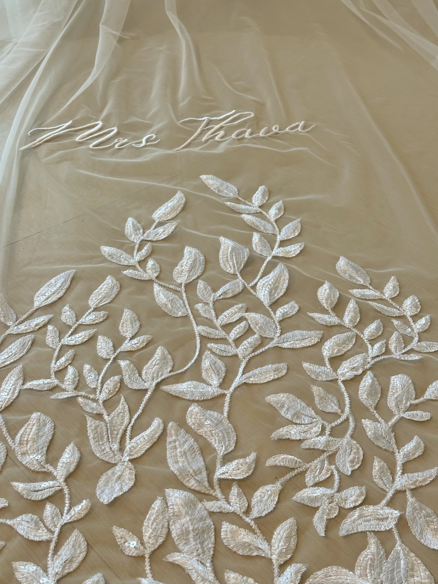 A Leafy Affair : Hand-Embroidered White Cathedral Veil with Signature Name Detail