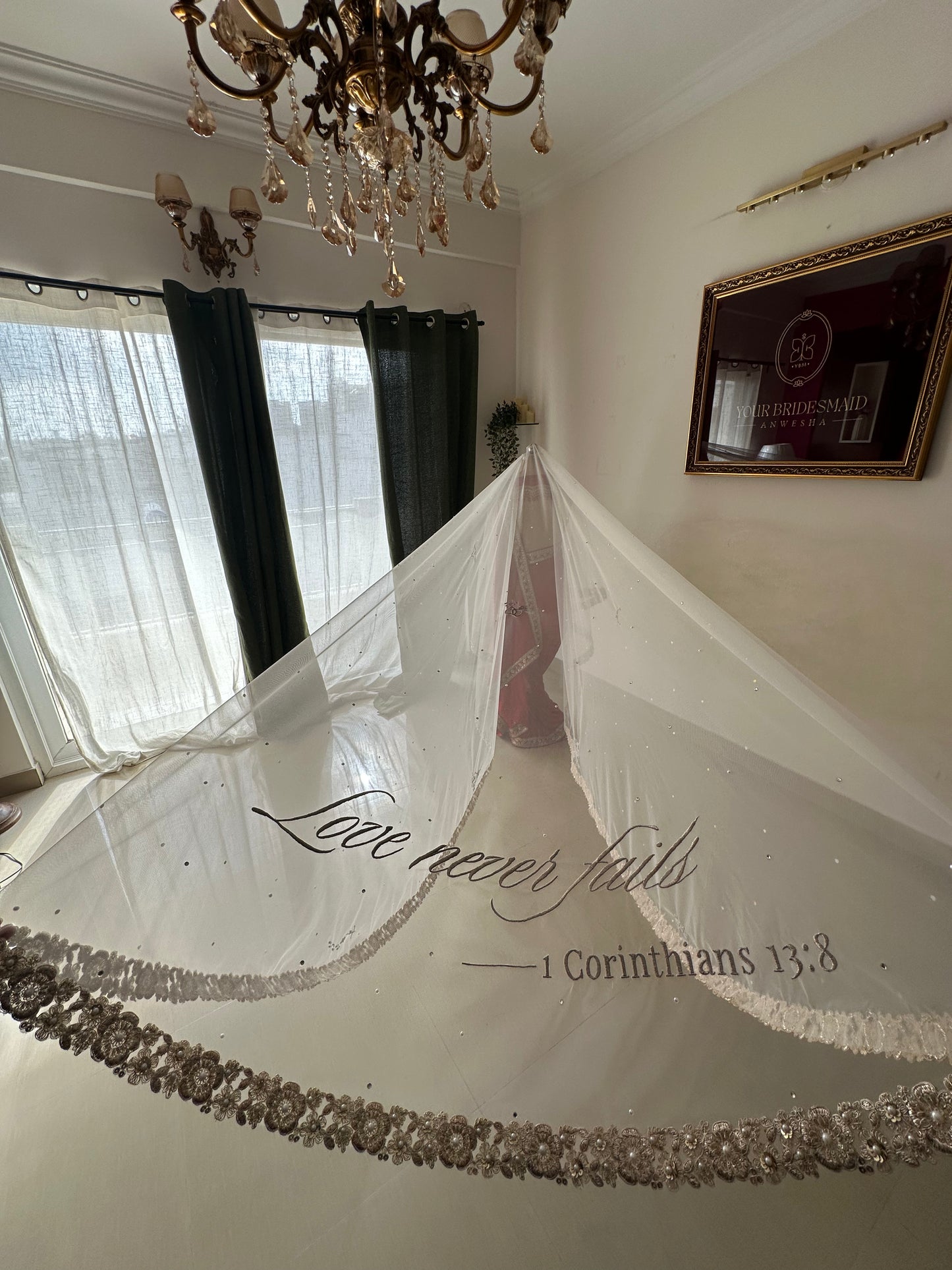 Memory Trail : Memory Trail : A Love story veil in Golden with 10 Storytelling Motifs and Cut-work Floral Border