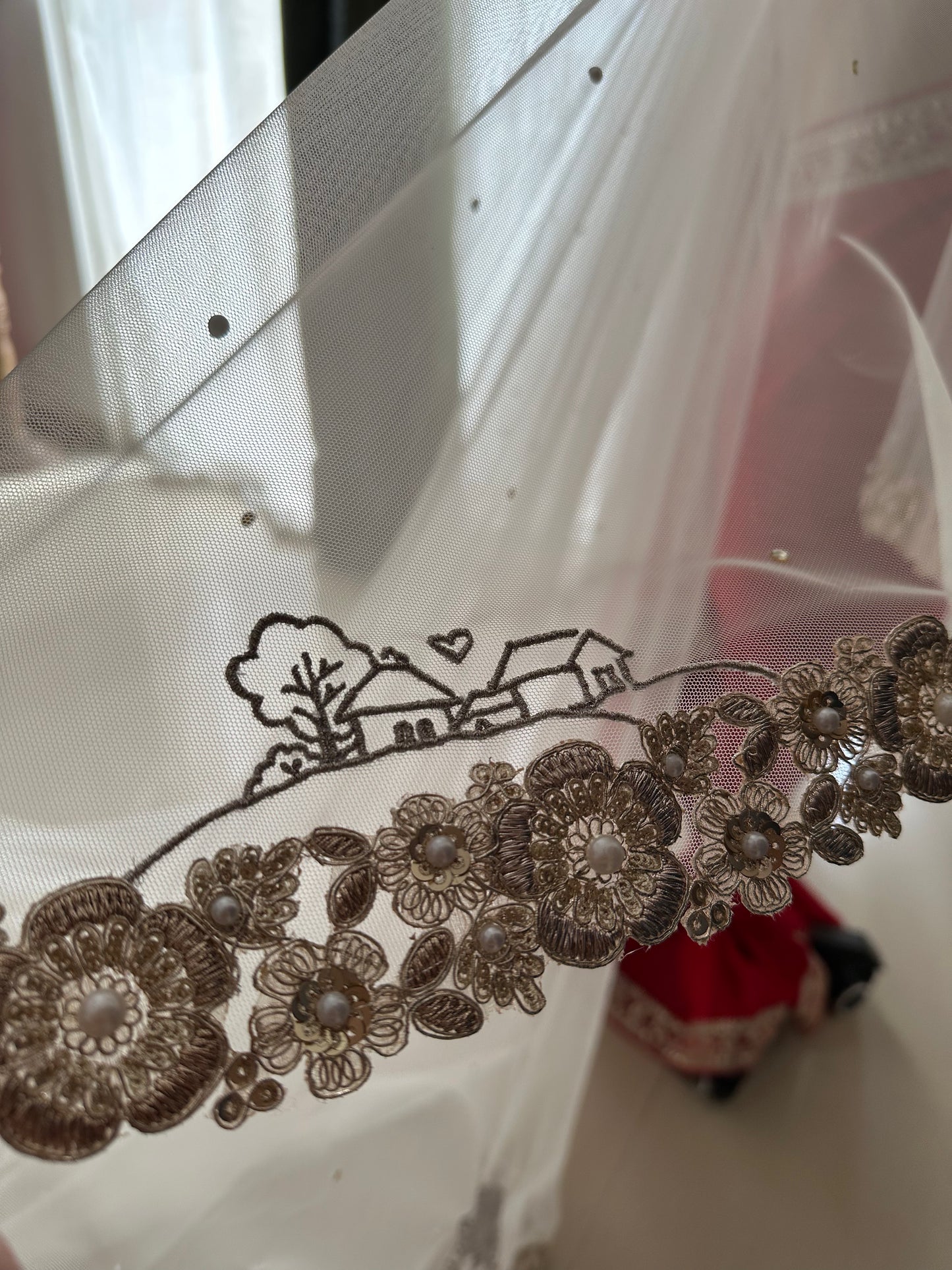 Memory Trail : Memory Trail : A Love story veil in Golden with 10 Storytelling Motifs and Cut-work Floral Border