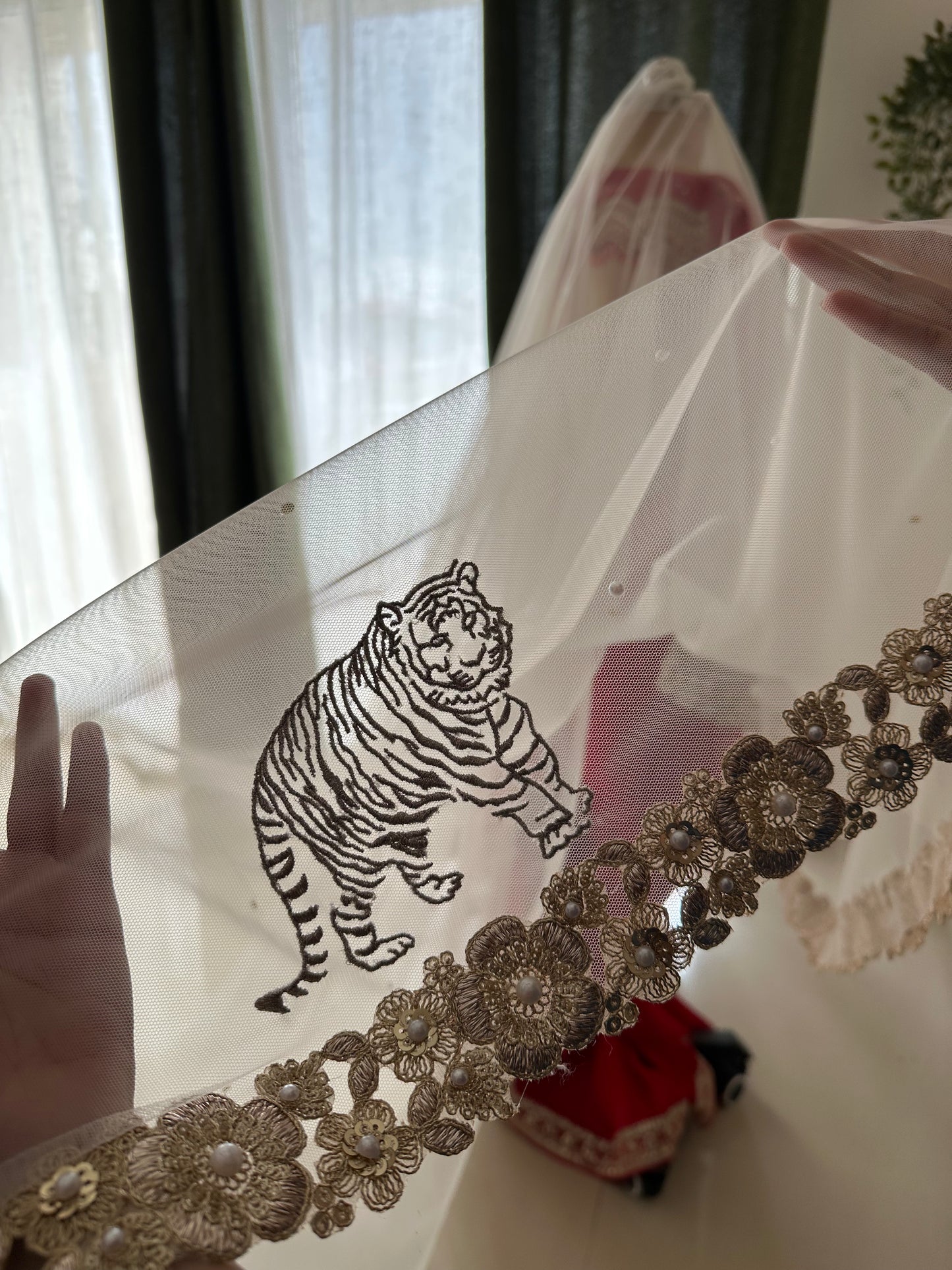 Memory Trail : Memory Trail : A Love story veil in Golden with 10 Storytelling Motifs and Cut-work Floral Border