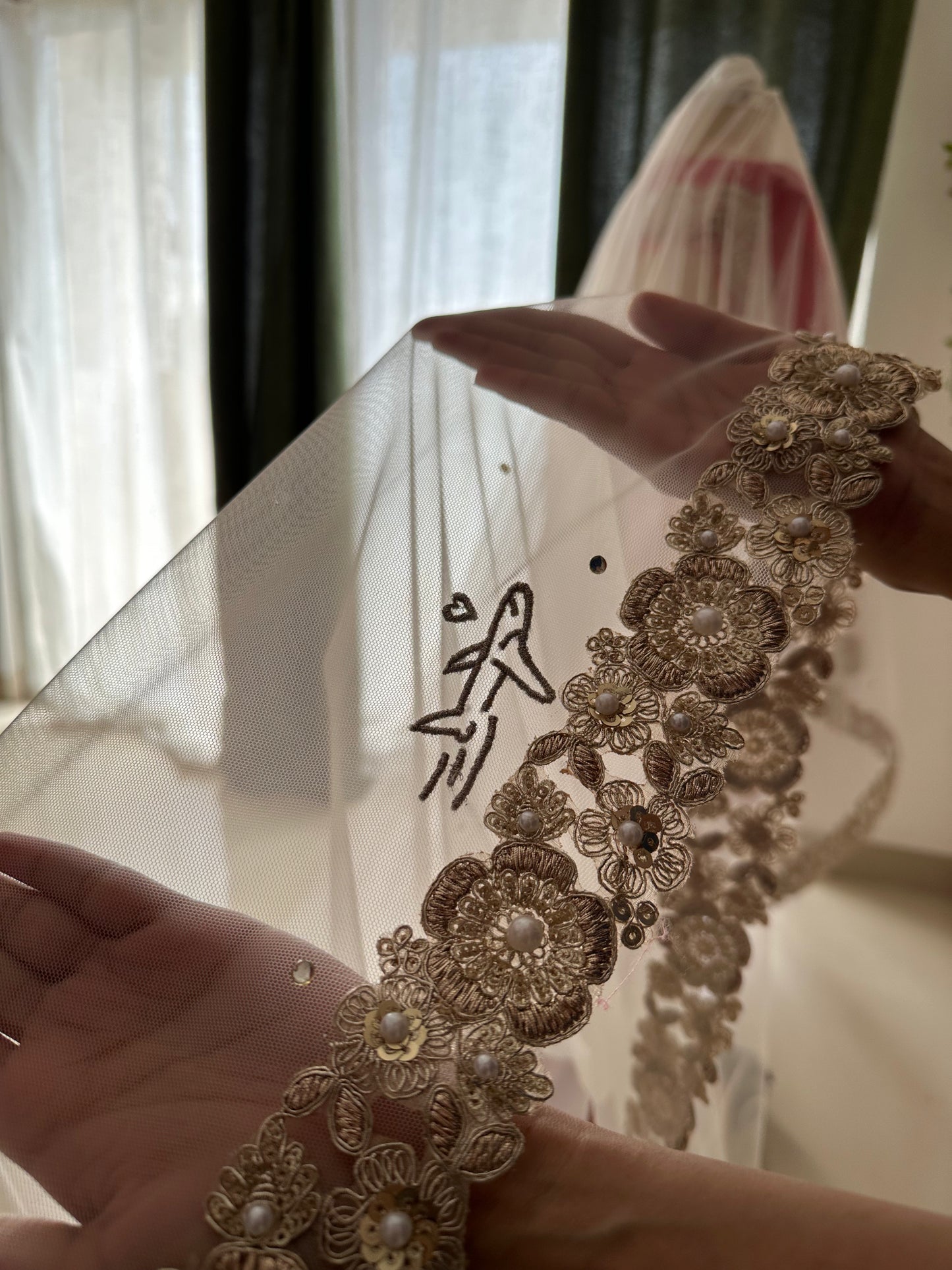 Memory Trail : Memory Trail : A Love story veil in Golden with 10 Storytelling Motifs and Cut-work Floral Border