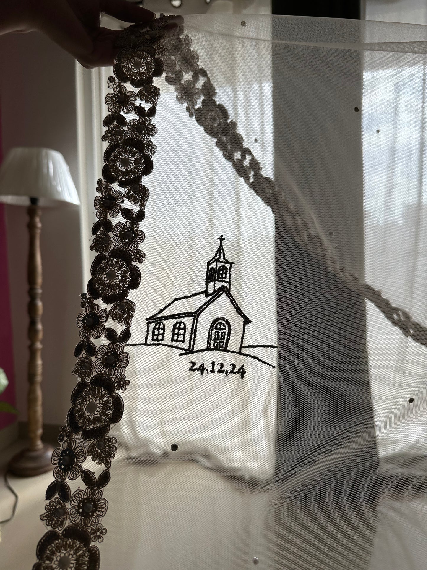 Memory Trail : Memory Trail : A Love story veil in Golden with 10 Storytelling Motifs and Cut-work Floral Border