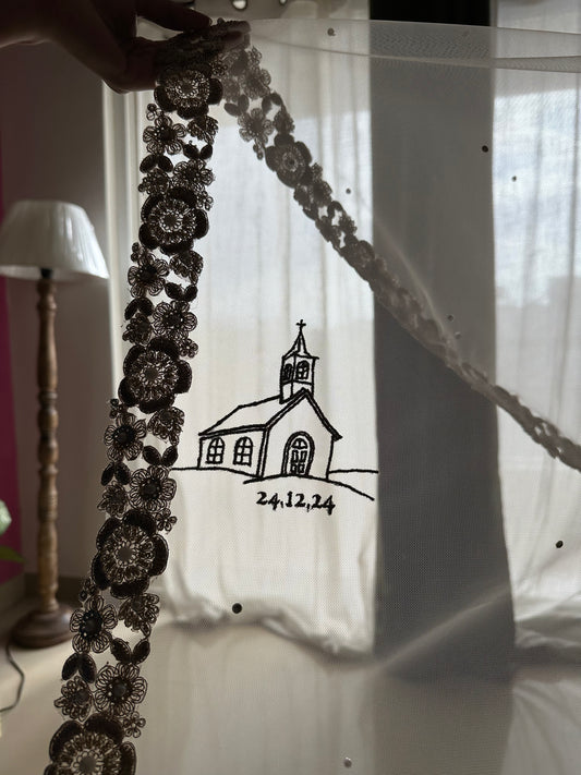 Memory Trail : Memory Trail : A Love story veil in Golden with 10 Storytelling Motifs and Cut-work Floral Border