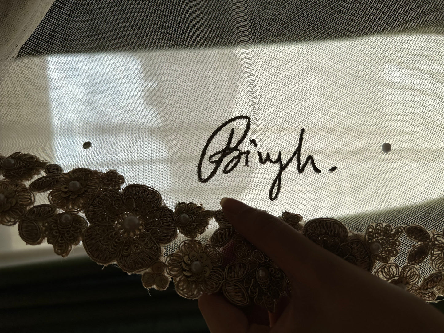 Memory Trail : Memory Trail : A Love story veil in Golden with 10 Storytelling Motifs and Cut-work Floral Border