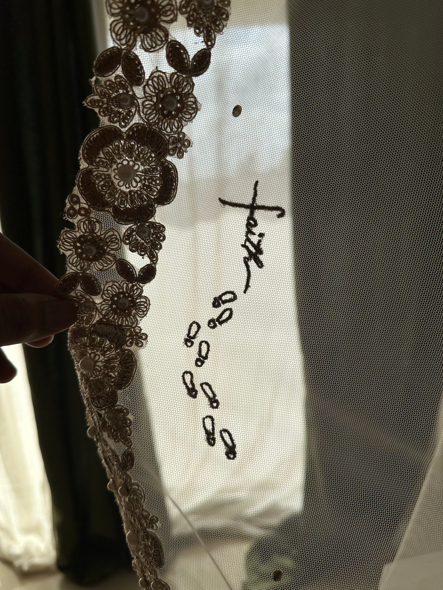 Memory Trail : Memory Trail : A Love story veil in Golden with 10 Storytelling Motifs and Cut-work Floral Border
