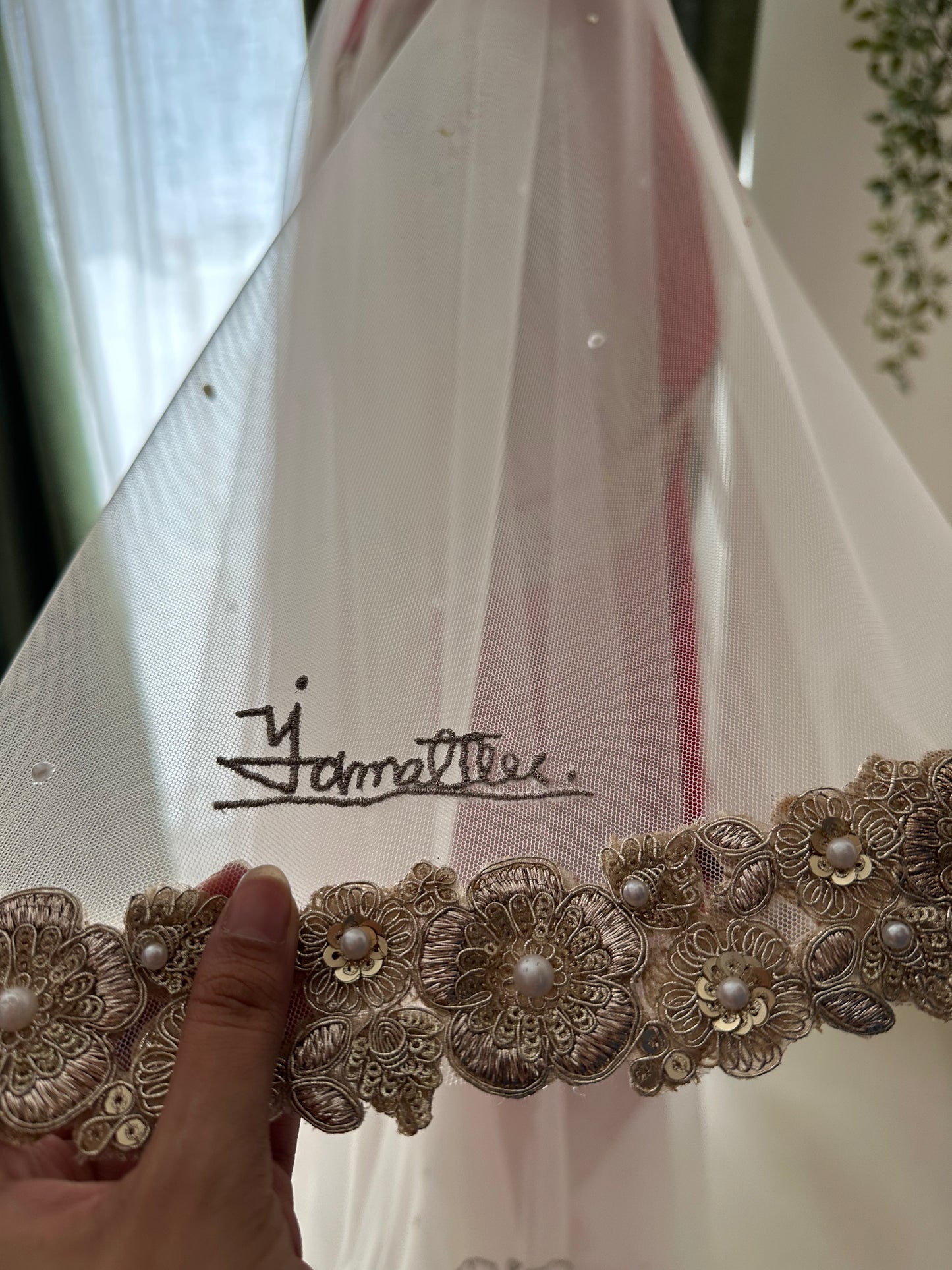 Memory Trail : Memory Trail : A Love story veil in Golden with 10 Storytelling Motifs and Cut-work Floral Border