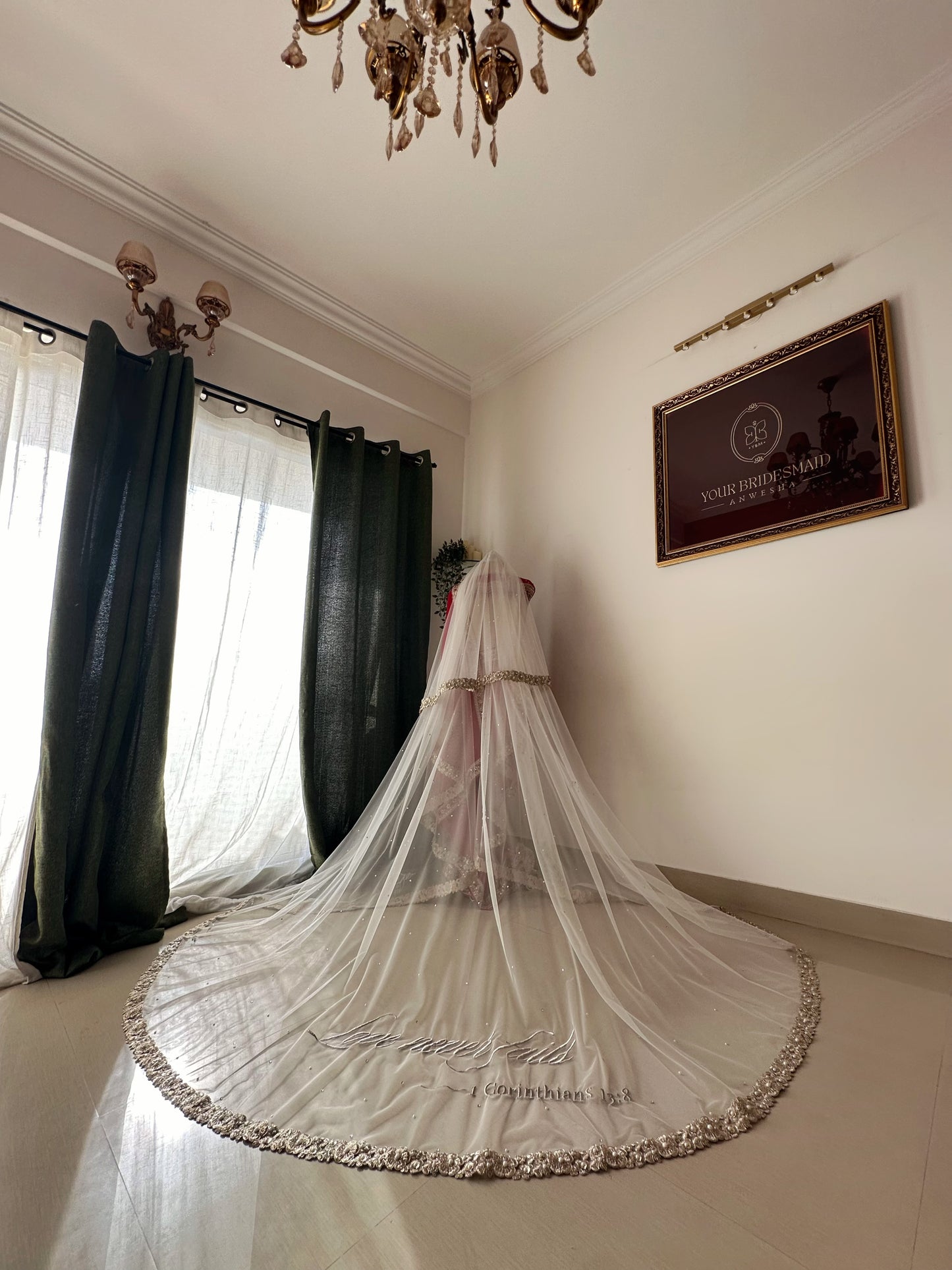 Memory Trail : Memory Trail : A Love story veil in Golden with 10 Storytelling Motifs and Cut-work Floral Border