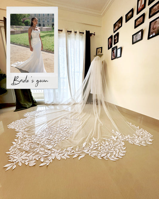 A Leafy Affair : Hand-Embroidered White Cathedral Veil with Signature Name Detail