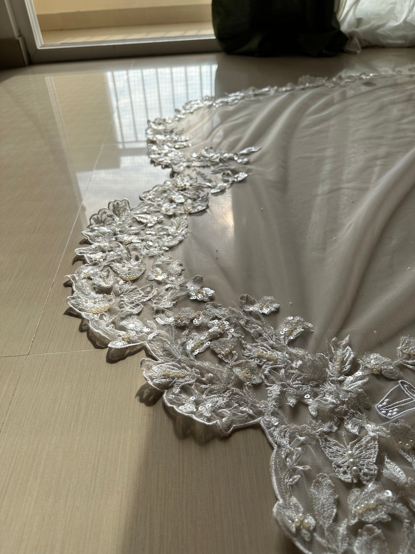 The Love Story Veil : White Cathedral Petal Cut custom hand embroidered floral veil with love story personalisation