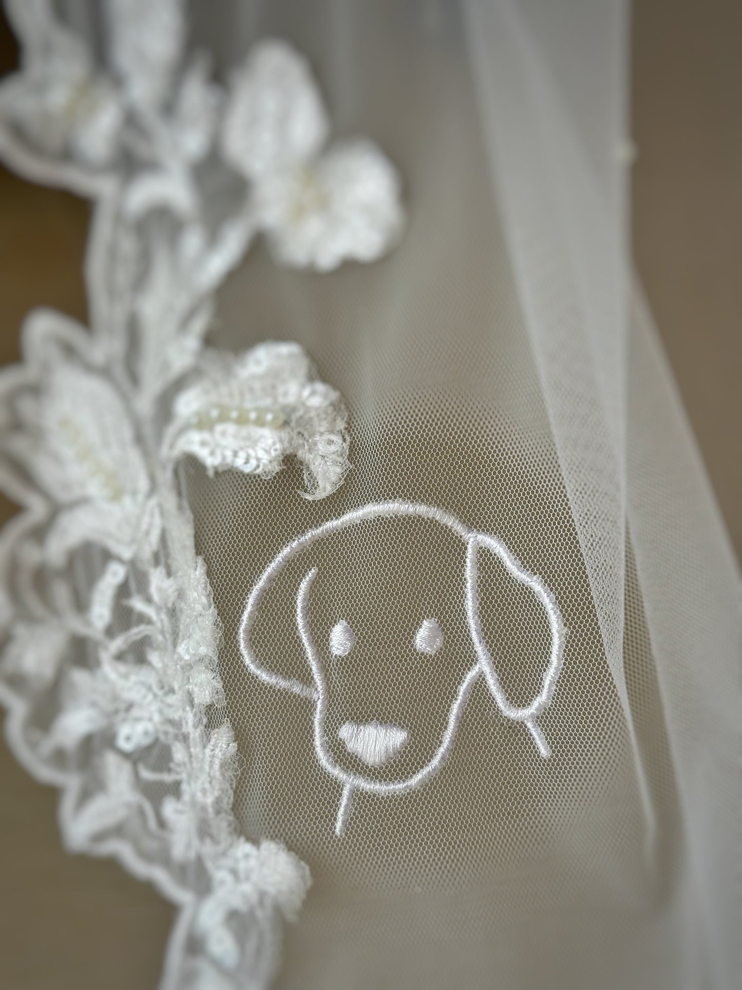 The Love Story Veil : White Cathedral Petal Cut custom hand embroidered floral veil with love story personalisation