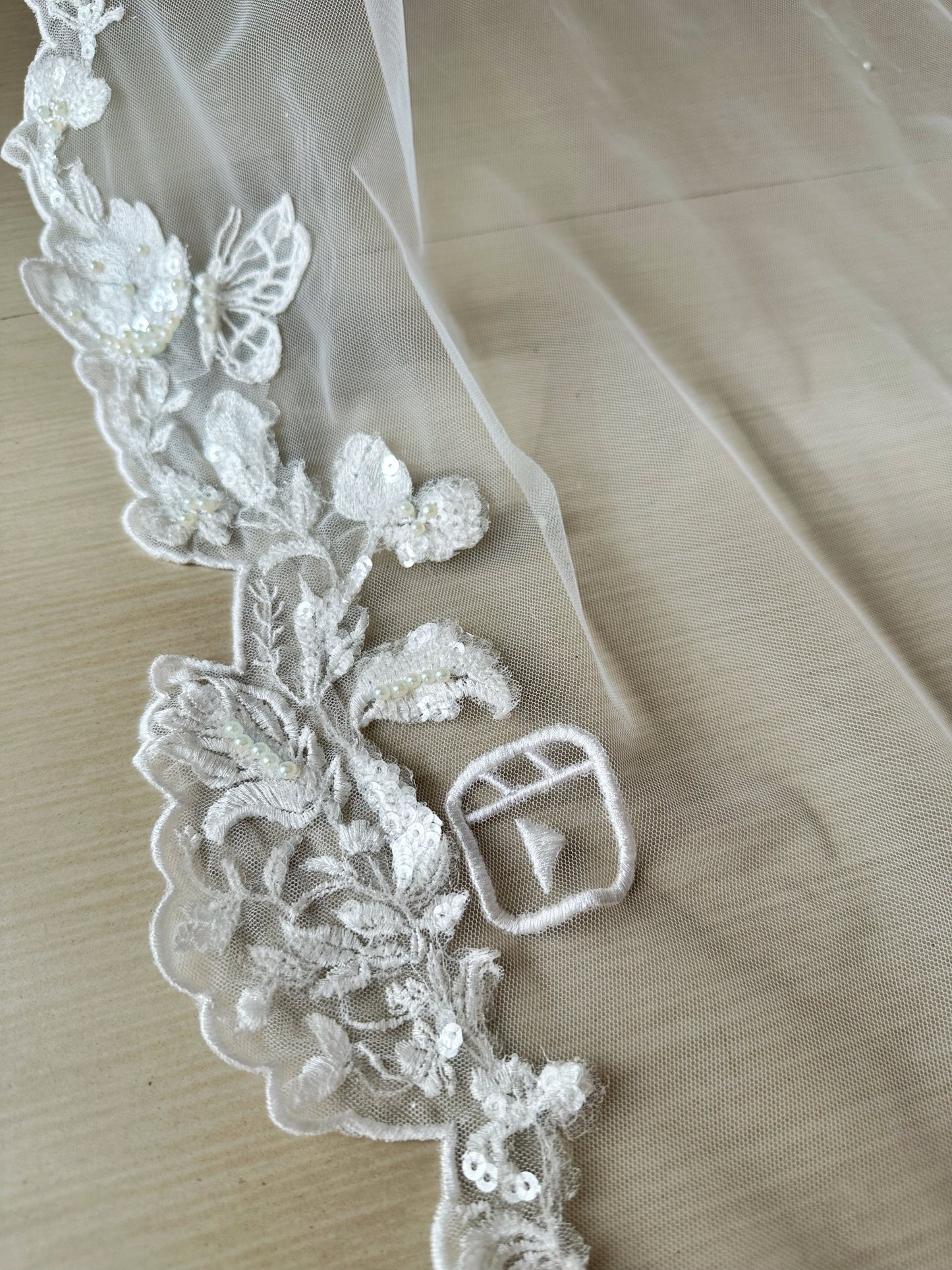 The Love Story Veil : White Cathedral Petal Cut custom hand embroidered floral veil with love story personalisation