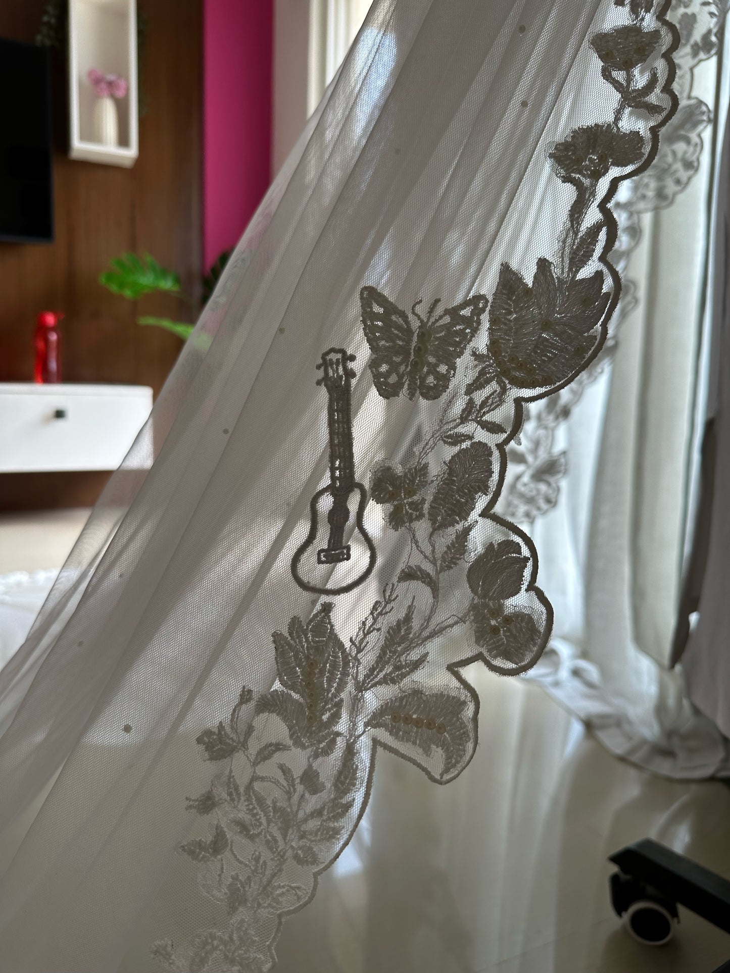 The Love Story Veil : White Cathedral Petal Cut custom hand embroidered floral veil with love story personalisation