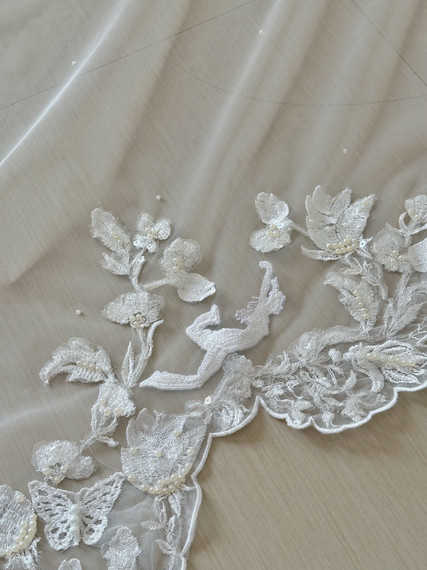 The Love Story Veil : White Cathedral Petal Cut custom hand embroidered floral veil with love story personalisation