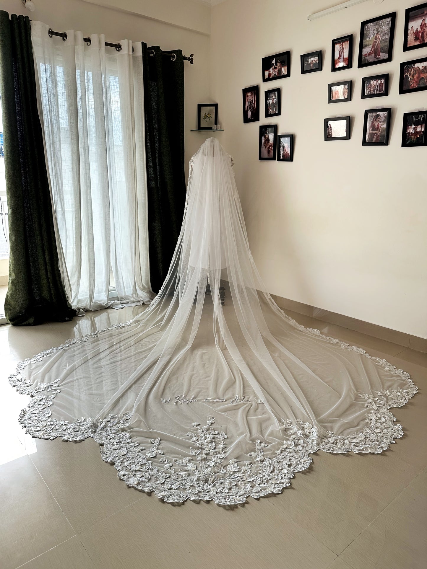 The Love Story Veil : White Cathedral Petal Cut custom hand embroidered floral veil with love story personalisation