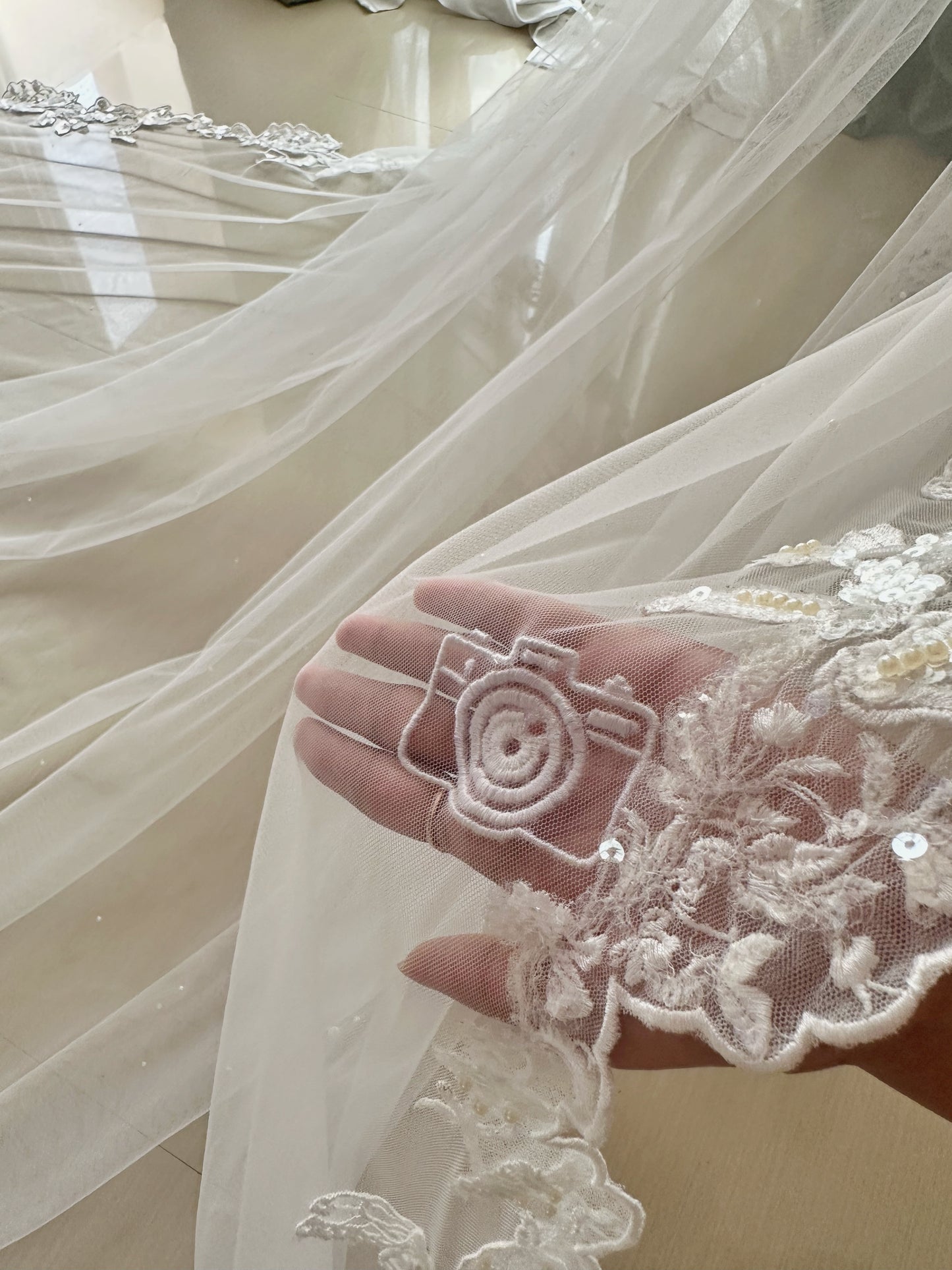 The Love Story Veil : White Cathedral Petal Cut custom hand embroidered floral veil with love story personalisation
