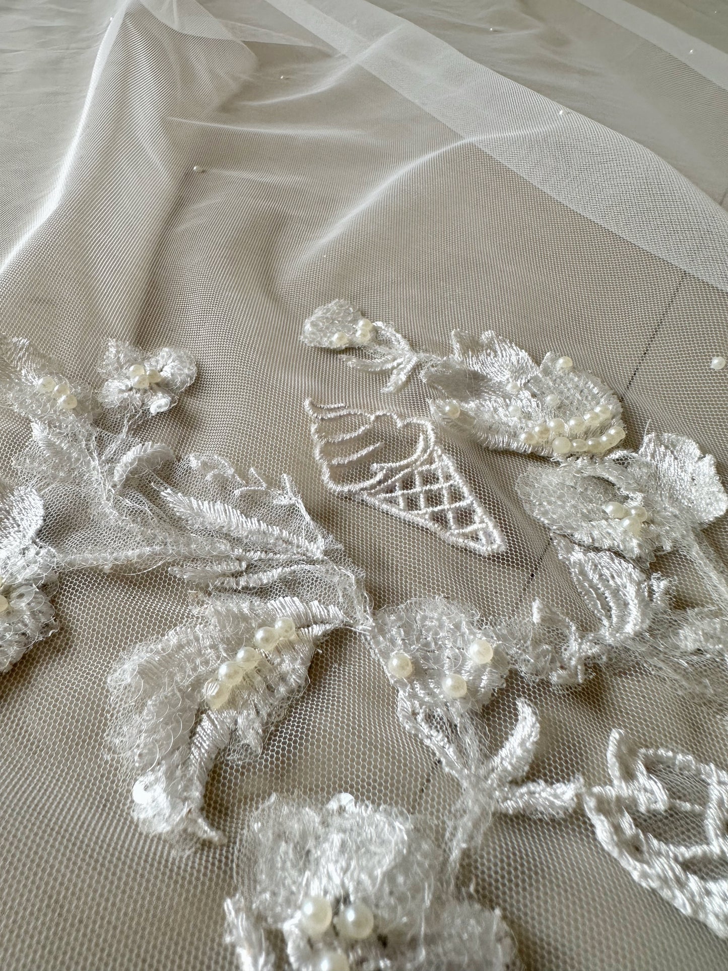 The Love Story Veil : White Cathedral Petal Cut custom hand embroidered floral veil with love story personalisation