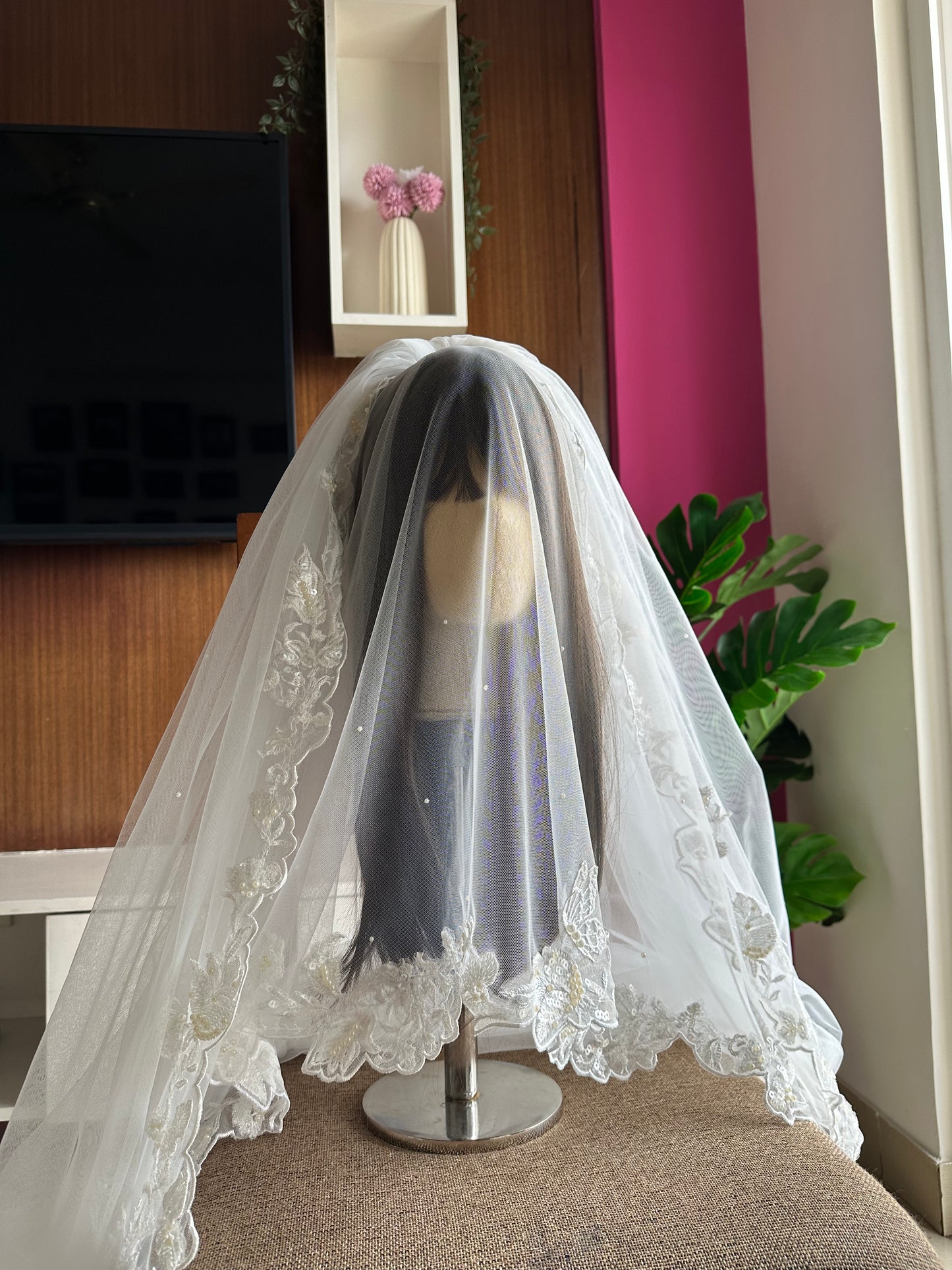 The Love Story Veil : White Cathedral Petal Cut custom hand embroidered floral veil with love story personalisation